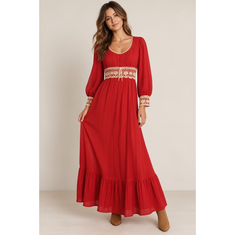 Vtg 70s Red Orange Prairie Maxi Dress Crochet Lace Boho Cottagecore Sz 10 (S)